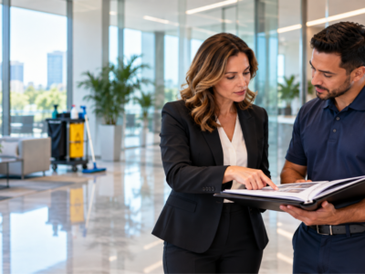 Facility manager and commercial cleaning account representative reviewing a detailed service agreement and cleaning checklist together